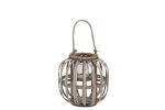 Lattice Design Round Lantern with Glass Hurricane Candle Holder; Small; Brown; DunaWest