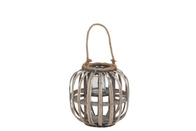 Lattice Design Round Lantern with Glass Hurricane Candle Holder; Small; Brown; DunaWest