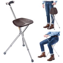 Hold 286.6 lbs Cane with Seat Combo Aluminum Alloy Portable LED Folding Walking Stick Chair Height Adjustable Heavy Duty Thick Stool Handy Unisex for