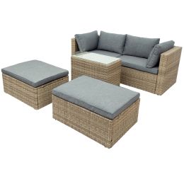 Backyard Pool Outdoor Furmiture 5-Piece Rattan Sectional Sofa Set (Color: Gray, Material: Rattan)