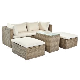 Backyard Pool Outdoor Furmiture 5-Piece Rattan Sectional Sofa Set (Color: Beige, Material: Rattan)